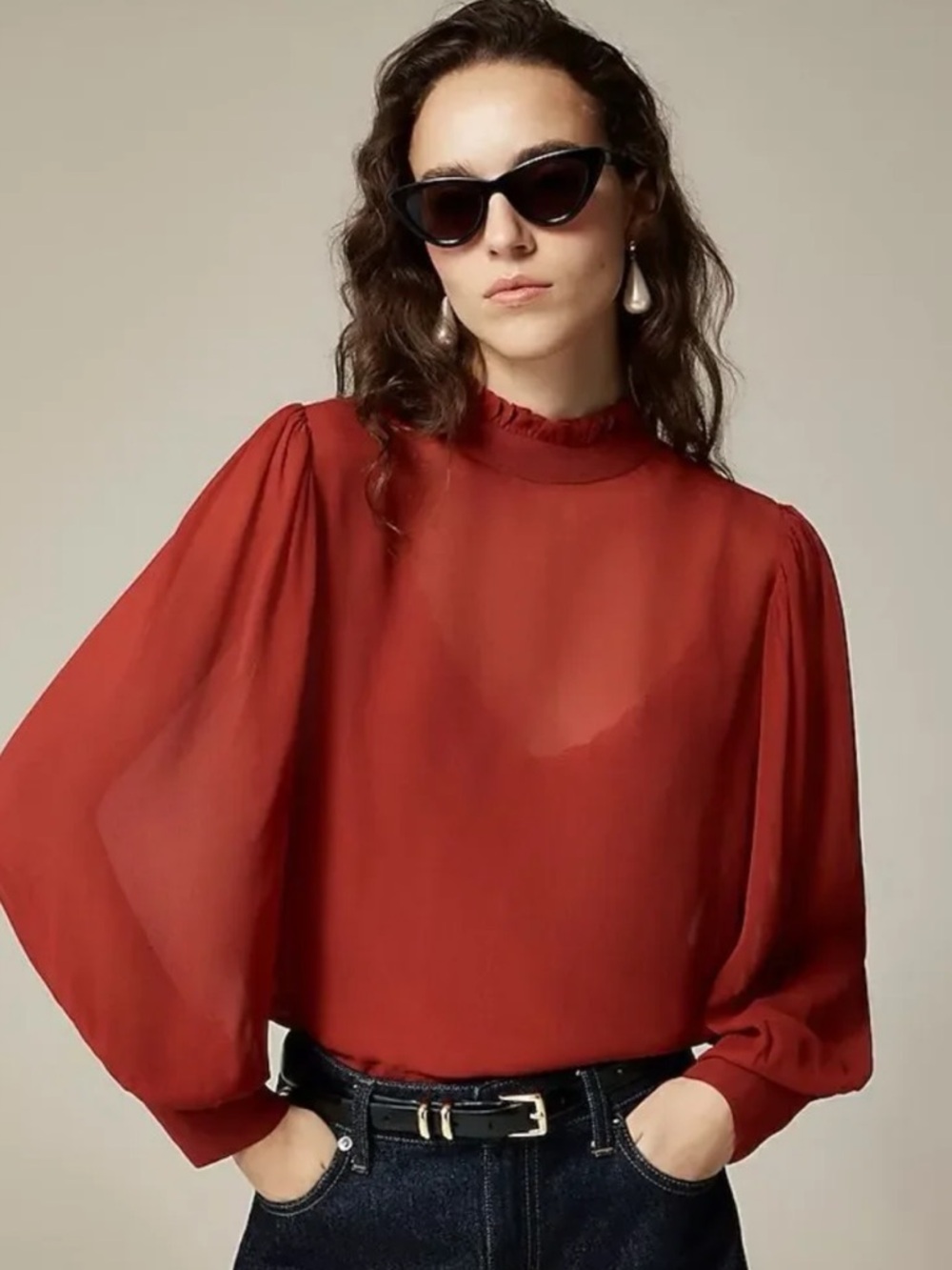 J CREW Ruffleneck top in chiffon in red